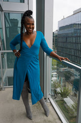 womens blue floral wrap dress