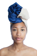 Load image into Gallery viewer, White and Blue Silk Lined Head Wrap