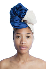 Load image into Gallery viewer, White and Blue Silk Lined Head Wrap
