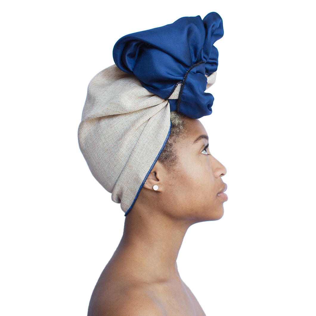 White and Blue Silk Lined Head Wrap