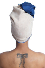 Load image into Gallery viewer, White and Blue Silk Lined Head Wrap
