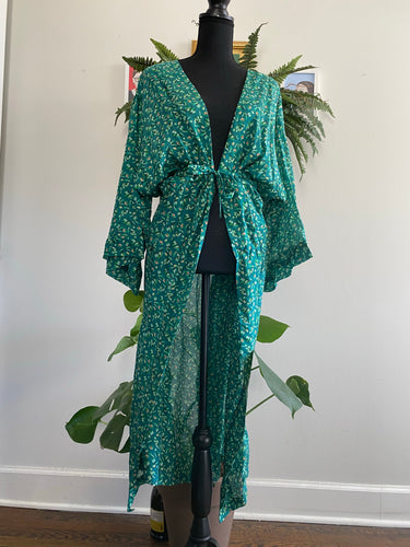 womens floral green silk robe